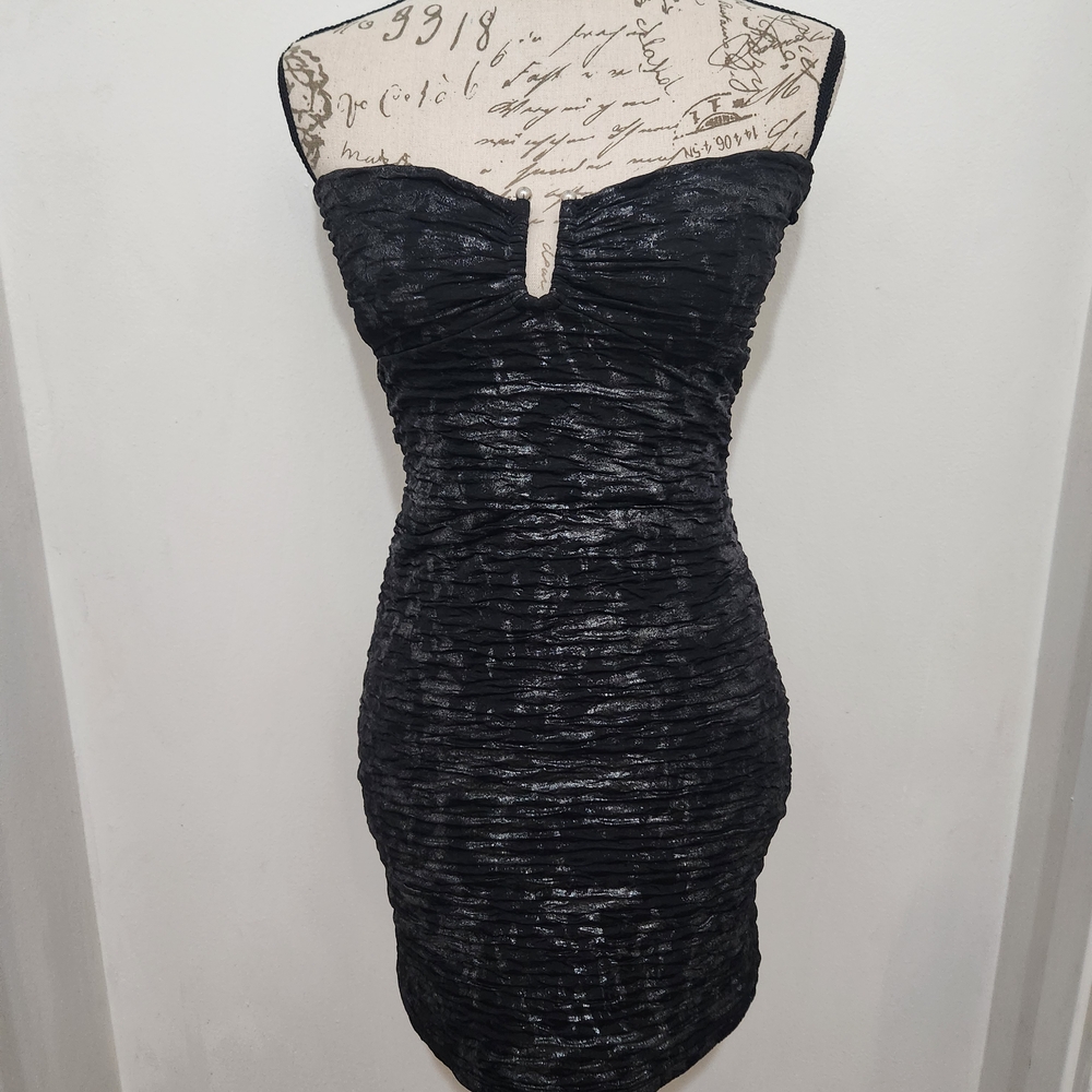 VaVaVoom Black Bodycon Ruched Mini Dress w/ Plunging Neckline. Size Medium. Sexy